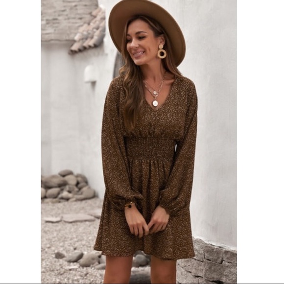 Boho Brown Floral Long Sleeves Dress - Picture 2 of 6